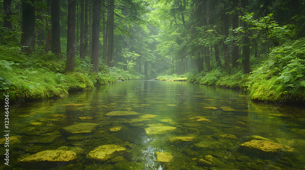 Fototapeta premium Misty forest stream, tranquil nature scene, serene landscape, perfect for travel brochures
