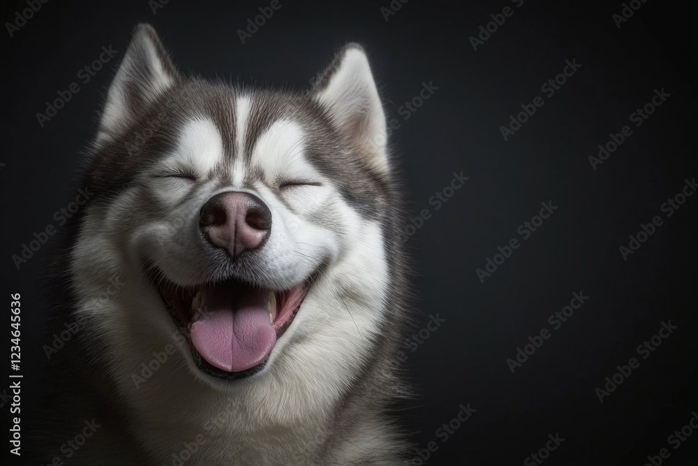 happy Husky dog smiling with closed eyes on a dark background happy Husky dog smiling with closed eyes on a dark background