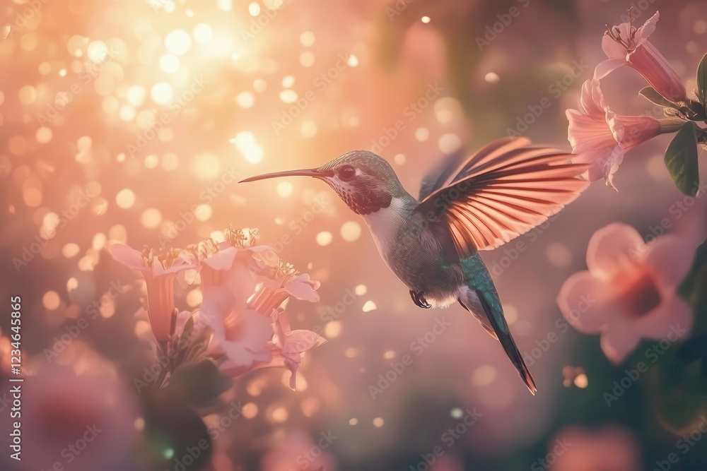 macro photography of iridescent hummingbird hovering near pink trumpet flowers, golden hour lighting, bokeh background macro photography of iridescent hummingbird hovering near pink trumpet flowers, golden hour lighting, bokeh background