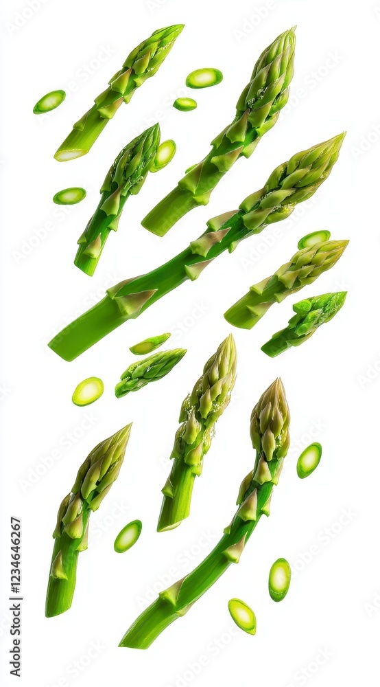 Vibrant green asparagus spears and cut pieces levitate against a stark white background. The image features a dynamic, vertical composition Vibrant green asparagus spears and cut pieces levitate against a stark white background. The image features a dynamic, vertical composition