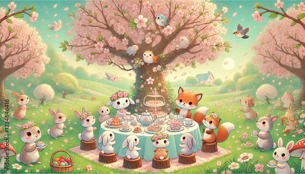 custom made wallpaper toronto digitalA whimsical pastel illustration of woodland animals enjoying a tea party under a blooming cherry blossom tree, surrounded by a serene meadow and a soft blue sky