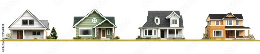 Four different house models are shown against a white background. Each house is a unique style and color, showcasing architectural variety. The Four different house models are shown against a white background. Each house is a unique style and color, showcasing architectural variety. The