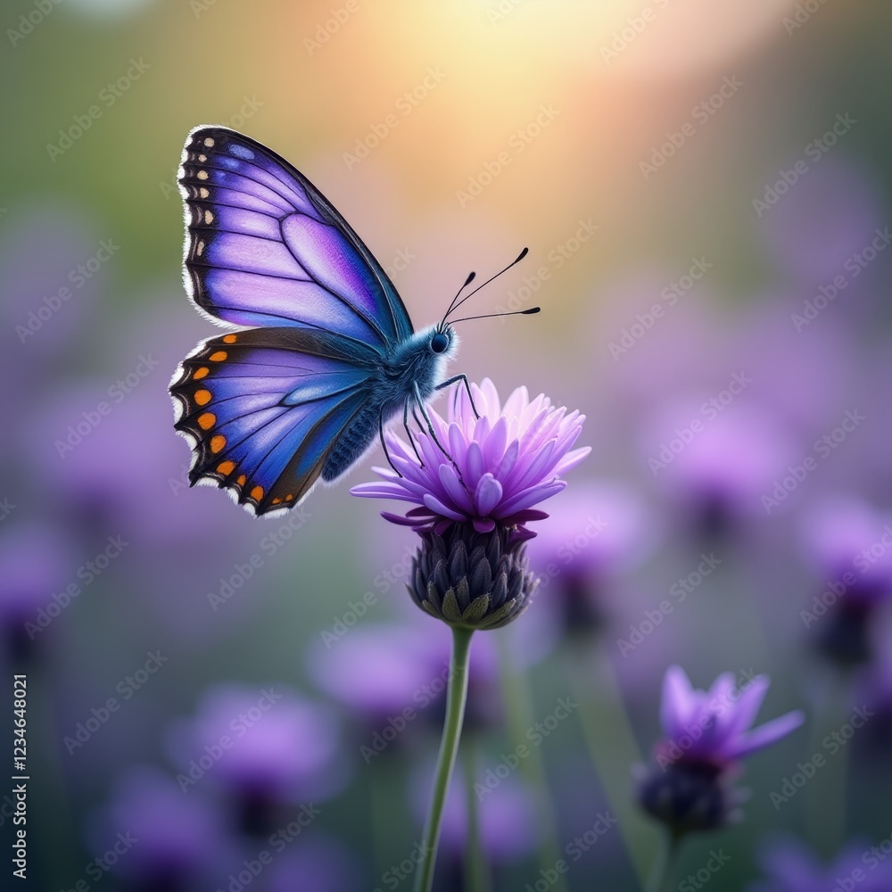 A delicate, colorful butterfly alights on a purple flower A delicate, colorful butterfly alights on a purple flower