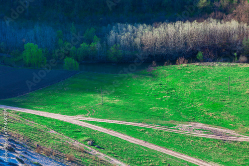 Obraz na płótnie Spring landscape with a path cutting through a grassy field, bordered by a forested area with trees in background. Sunlight bathes the rolling hills illuminating a country roads and fields w salonie