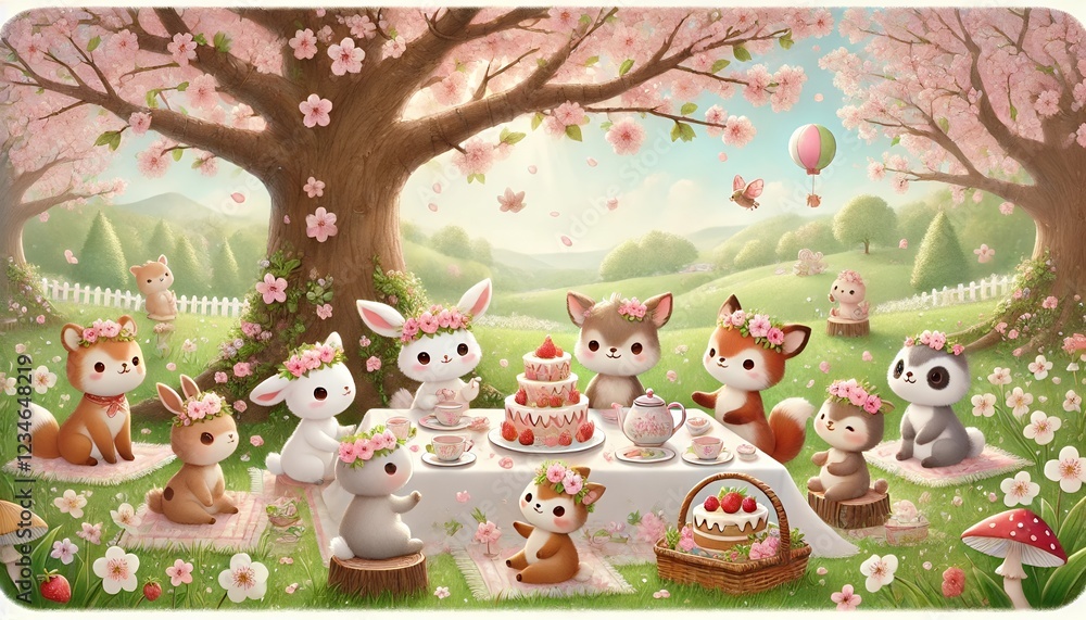 Fototapeta premium A delightful illustration of woodland animals enjoying a serene tea party under a blooming sakura tree with pastel tones and a whimsical atmosphere