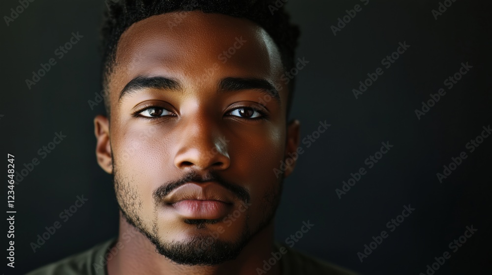 A close-up portrait showcases the serious and contemplative expression of a young African American man, highlighting his intensity and character. A close-up portrait showcases the serious and contemplative expression of a young African American man, highlighting his intensity and character.