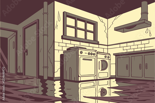  Flooded basement kitchen, standing water, submerged appliances, eerie lighting, reflections on water surface, urban decay, post-apocalyptic atmosphere, damaged furniture, mold-covered walls, disast