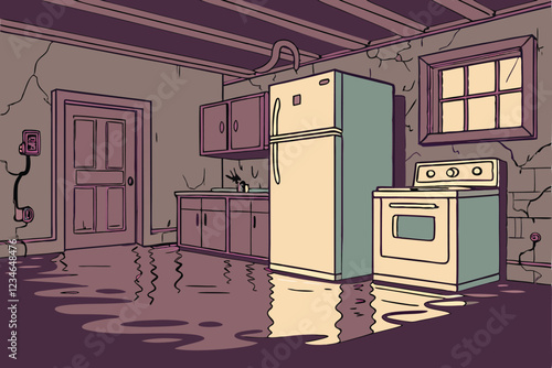  Flooded basement kitchen, standing water, submerged appliances, eerie lighting, reflections on water surface, urban decay, post-apocalyptic atmosphere, damaged furniture, mold-covered walls, disast