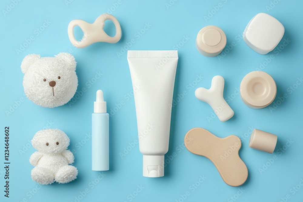 Flat Lay of Skincare and Toys on Blue Background Flat Lay of Skincare and Toys on Blue Background