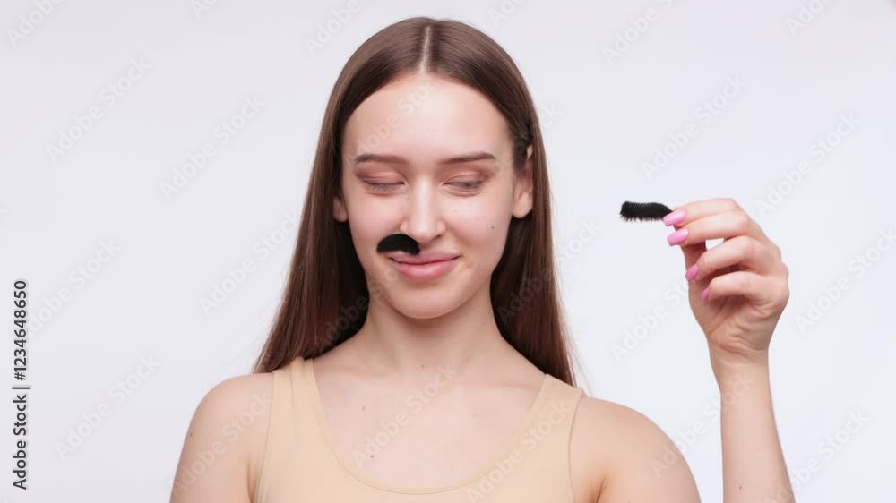 A cheerful girl removes her moustache. A procedure for removing hair on a woman's body.An alternative method for removing facial hair. A cheerful girl removes her moustache. A procedure for removing hair on a woman's body.An alternative method for removing facial hair.