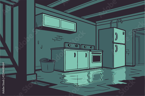 Flooded basement kitchen, standing water, submerged appliances, eerie lighting, reflections on water surface, urban decay, post-apocalyptic atmosphere, damaged furniture, mold-covered walls, disast