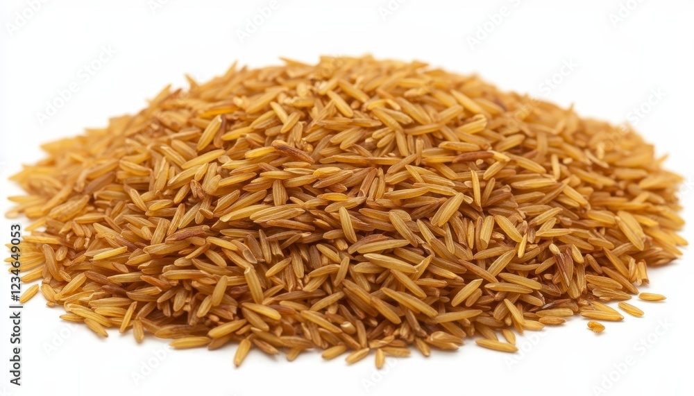 Close up view of a pile of golden brown rice grains against a white background. The grains are elongated and slender, and the overall texture appears Close up view of a pile of golden brown rice grains against a white background. The grains are elongated and slender, and the overall texture appears