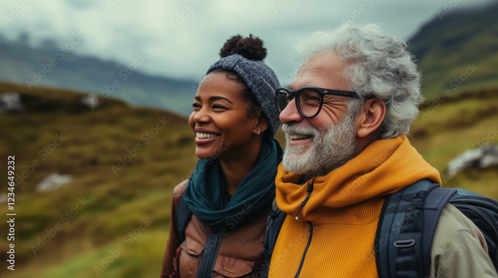 A happy multiethnic couple enjoys the stunning summer landscapes exploring the lush greenery and picturesque hills together with excitement. A happy multiethnic couple enjoys the stunning summer landscapes exploring the lush greenery and picturesque hills together with excitement.