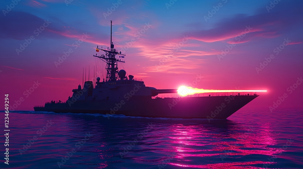 Fototapeta premium Dramatic Warship Firing Anti-Ship Missiles at Sunset with 400mm Lens