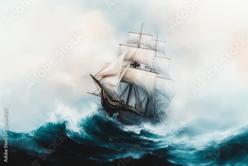 A dreamy watercolor depiction of a substantial ship sailing on a vast ocean, with soft waves and pastel hues blending into the horizon
