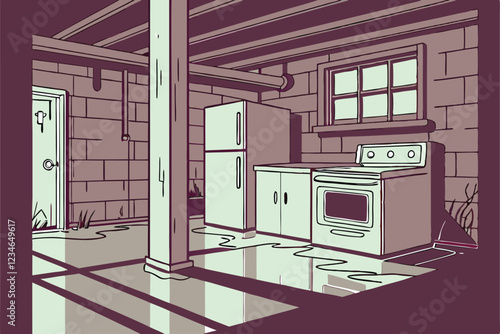  Flooded basement kitchen, standing water, submerged appliances, eerie lighting, reflections on water surface, urban decay, post-apocalyptic atmosphere, damaged furniture, mold-covered walls, disast