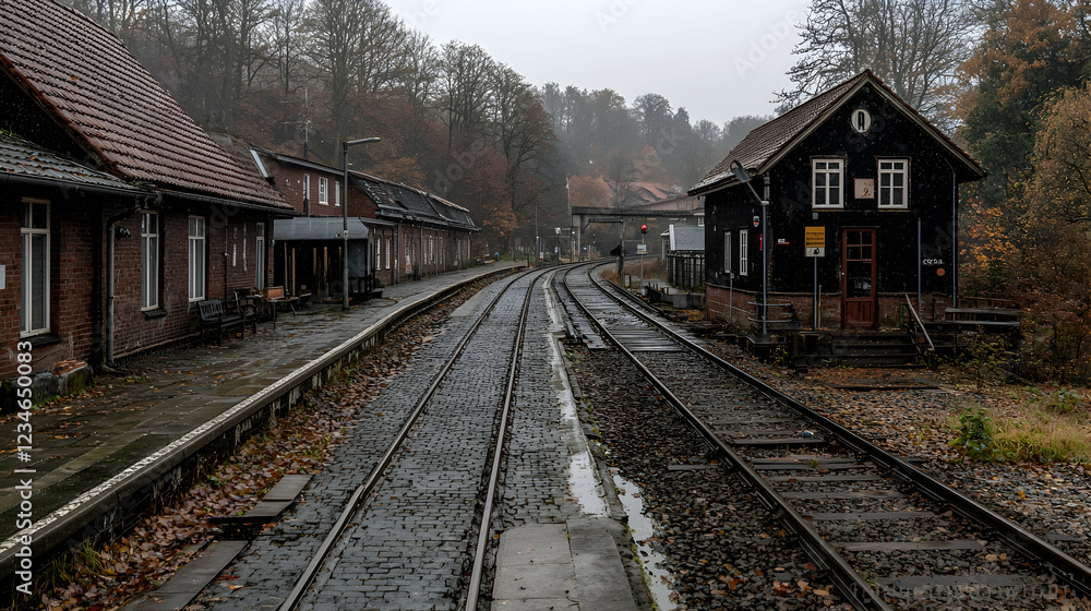 Autumnal train station in valley, misty day. Travel poster Autumnal train station in valley, misty day. Travel poster