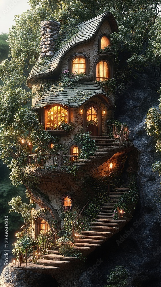 Fototapeta premium Glowing dwelling with steps in foliage, rocky surround, fantasy backdrop