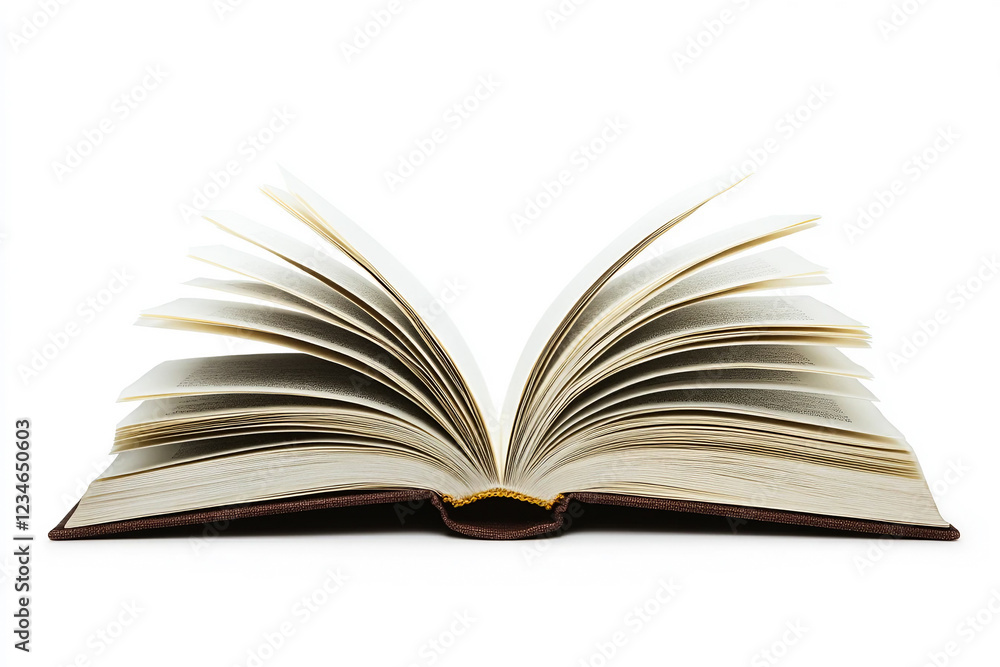 Open antique book with many yellowed pages. It is leather bound and has an ornate, woven spine, white background Open antique book with many yellowed pages. It is leather bound and has an ornate, woven spine, white background