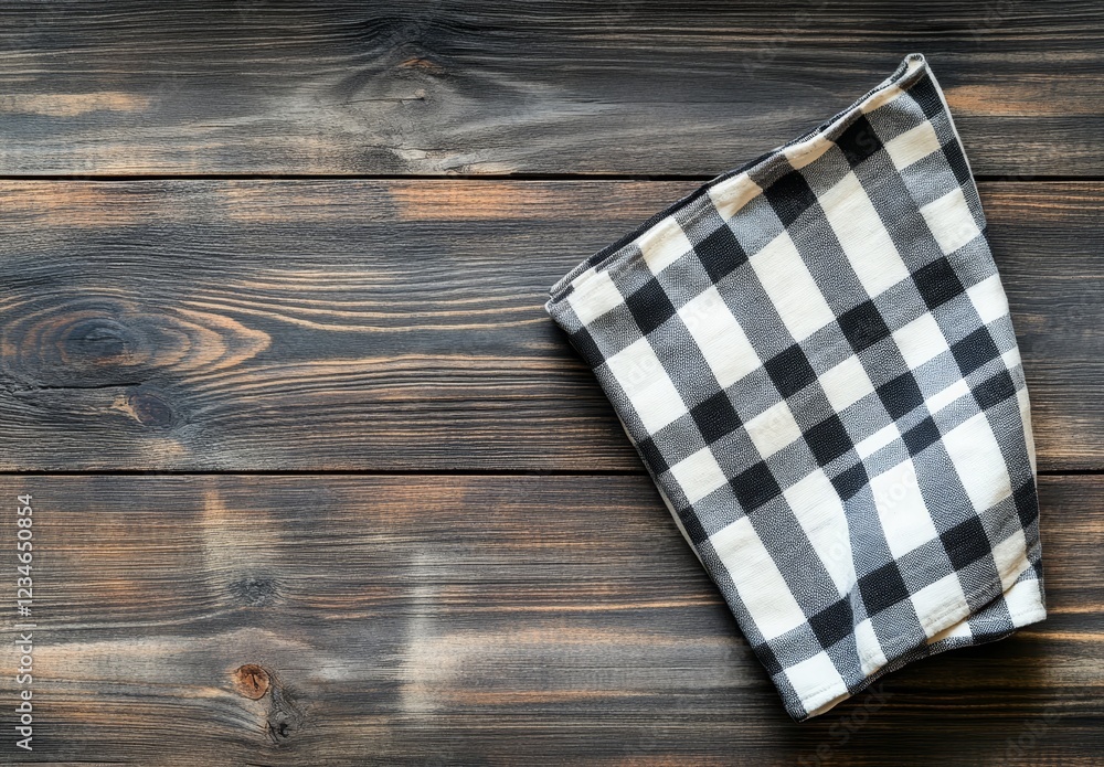 Top-down view of a blue and white checkered dishcloth resting on a rustic brown wooden plank table Top-down view of a blue and white checkered dishcloth resting on a rustic brown wooden plank table