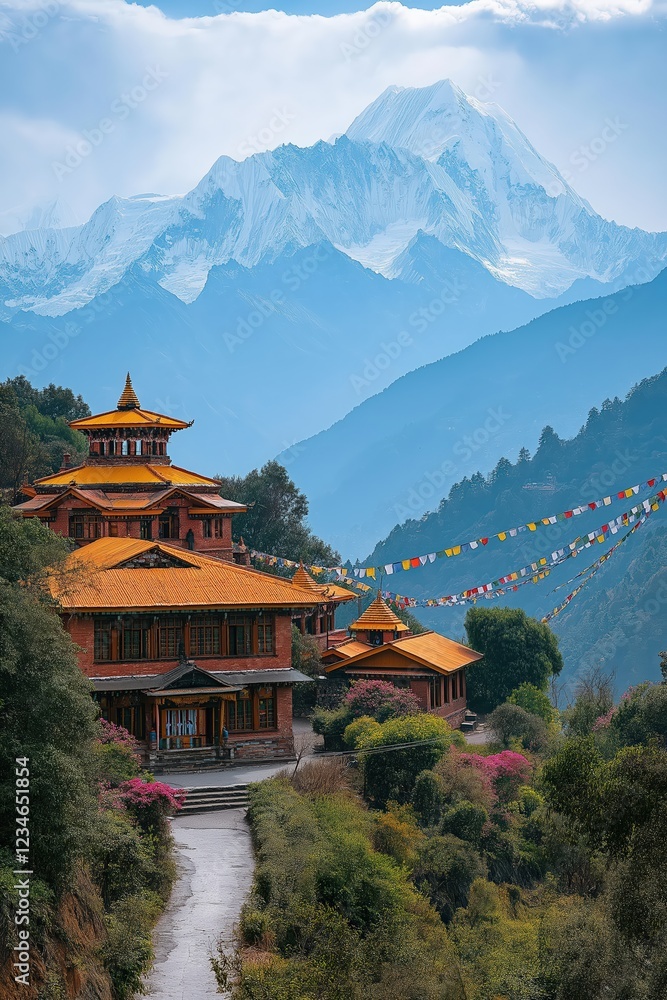 Stunning mountain view featuring a traditional temple with prayer flags in a serene landscape Stunning mountain view featuring a traditional temple with prayer flags in a serene landscape