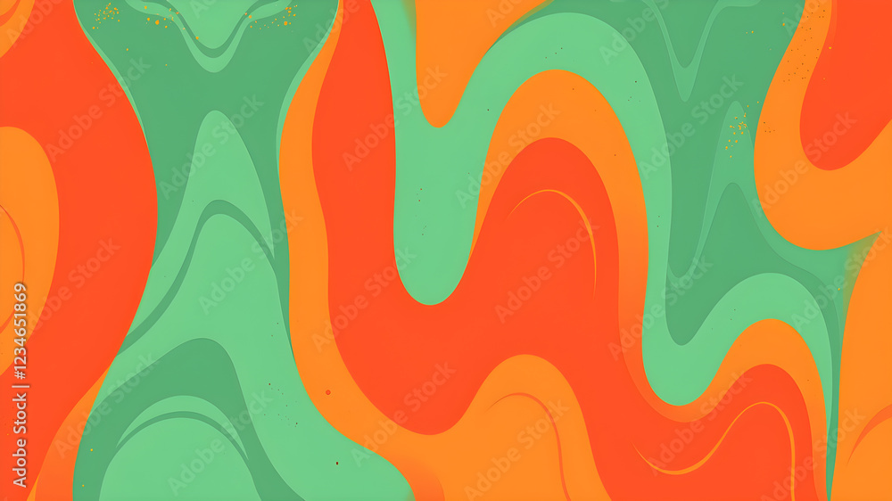 Fototapeta premium features a seamless retro background with wavy patterns interlocking in vibrant summer hues of green, orange and red the design incorporates a distressed texture, Generative AI