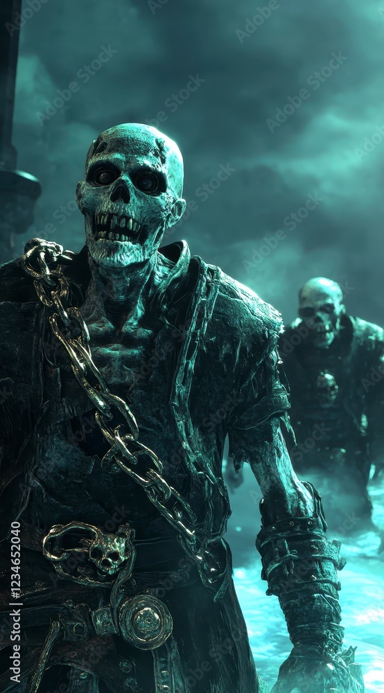 Naklejka premium Dark teal and gray skeletal figures emerge from a misty background, creating a haunting atmosphere. The detailed textures and ominous lighting