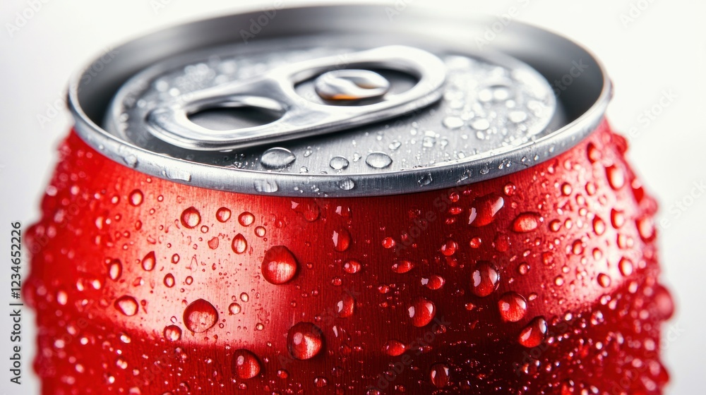 Close-up of a cold, red aluminum soda can with condensation. Close-up of a cold, red aluminum soda can with condensation.