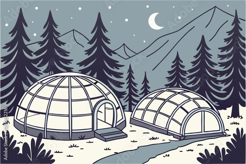 Cozy glass igloos, snowy forest, winter wonderland, glowing warm interiors, twilight atmosphere, pine trees, Finnish Lapland, luxury accommodation, aurora viewing domes, serene landscape, magical w