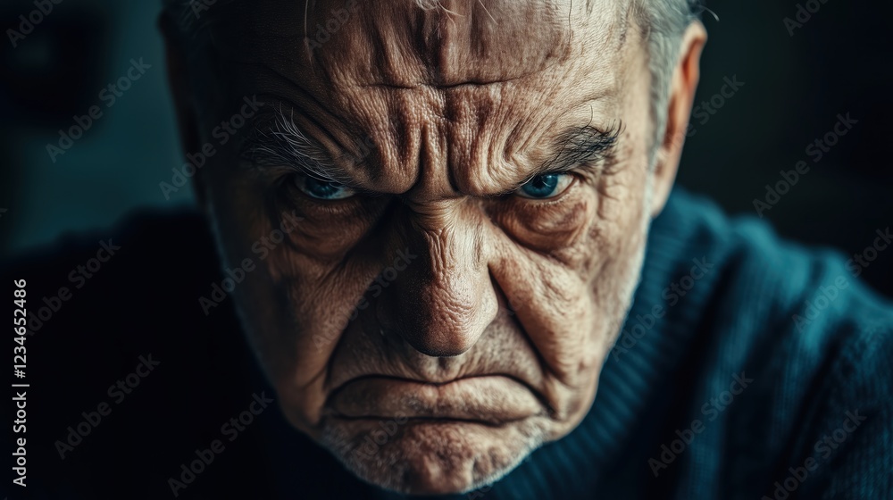 The elderly man’s stern, horror-like expression, with deep wrinkles and narrowed eyes, captures a powerful moment of frustration and menace in this dramatic close-up. The elderly man’s stern, horror-like expression, with deep wrinkles and narrowed eyes, captures a powerful moment of frustration and menace in this dramatic close-up.