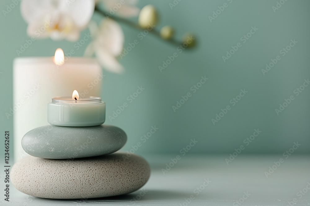Soft candlelight illuminates stacked stones with delicate orchid blooms in a serene, minimalist setting Soft candlelight illuminates stacked stones with delicate orchid blooms in a serene, minimalist setting