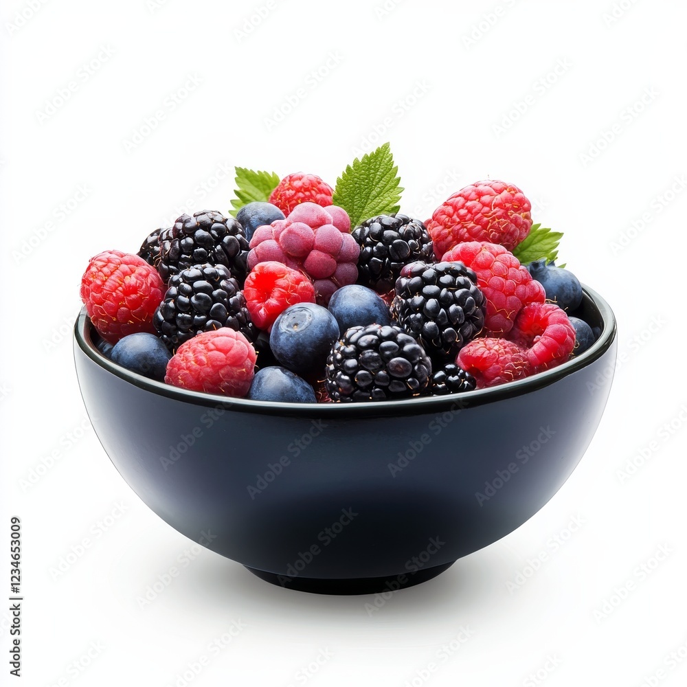 A vibrant bowl of fresh mixed berries bursting with color, isolated white background, minimalism art style A vibrant bowl of fresh mixed berries bursting with color, isolated white background, minimalism art style