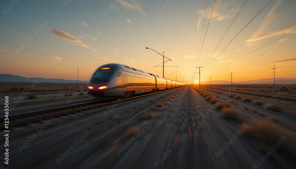 Obraz premium High-speed train speeding across desert at sunset.