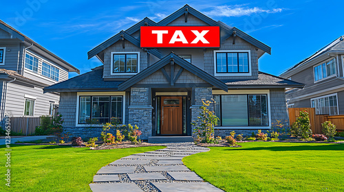 Grey Two Story House with Red Tax Sign on Sunny Day