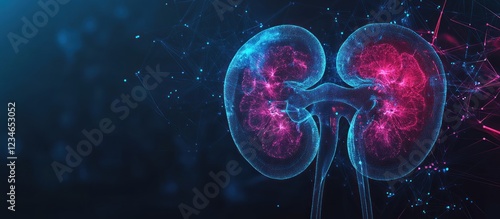 Abstract digital rendering of human kidneys, glowing in pink and blue hues, against a dark background.