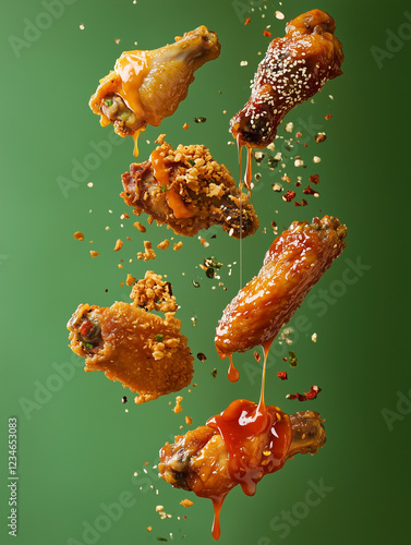 A dynamic and vibrant composition featuring a variety of chicken wings suspended mid-air against a bold green background