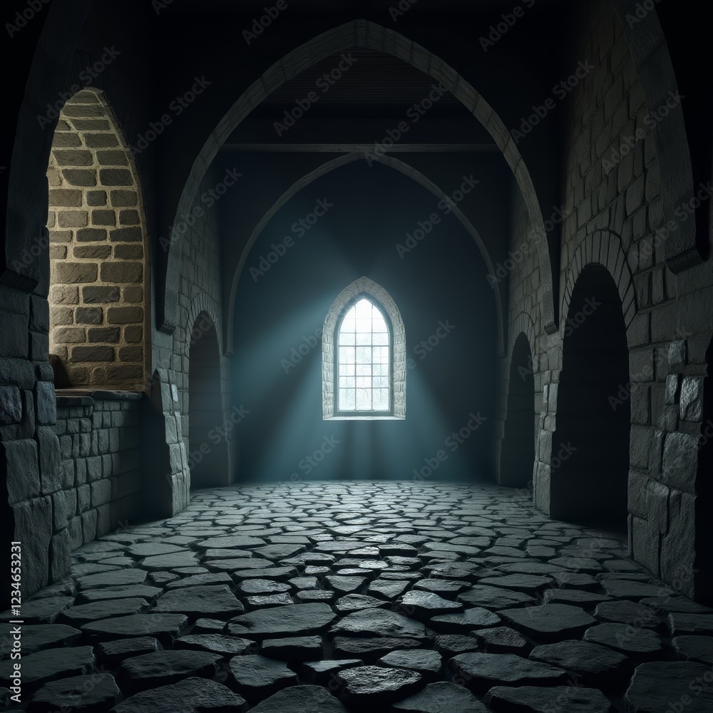 A mysterious, ancient stone room with a large window A mysterious, ancient stone room with a large window
