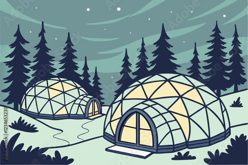 Cozy glass igloos, snowy forest, winter wonderland, glowing warm interiors, twilight atmosphere, pine trees, Finnish Lapland, luxury accommodation, aurora viewing domes, serene landscape, magical w