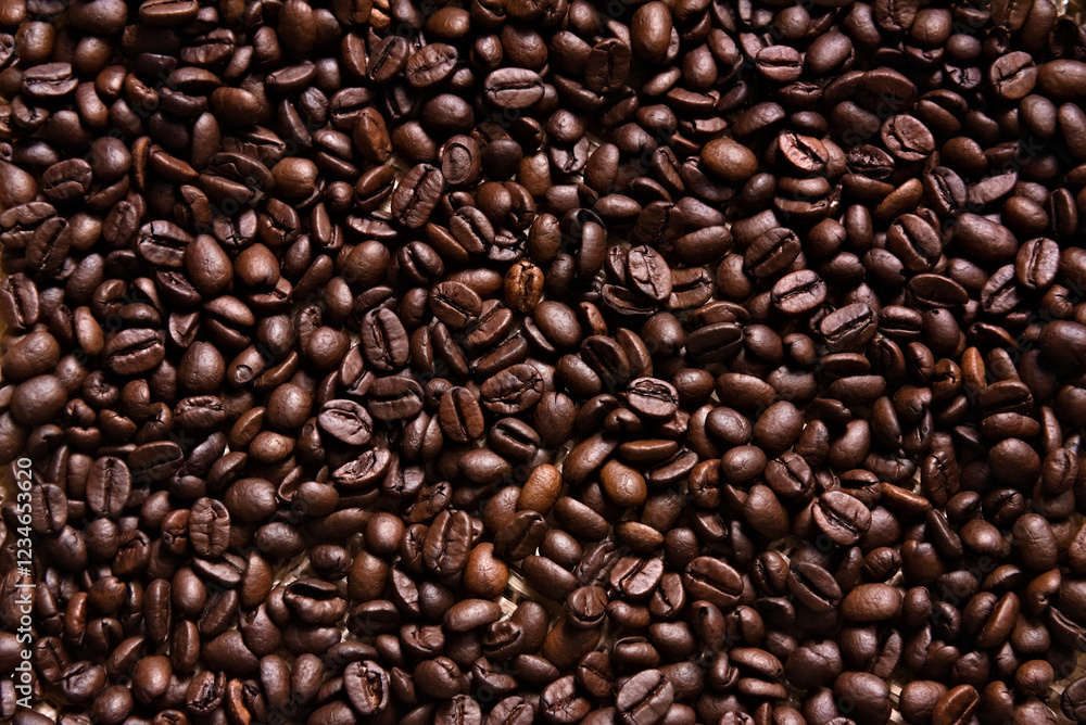 Obraz premium Aromatic Roasted Coffee Beans Textured Background. Coffee beans theme. 
