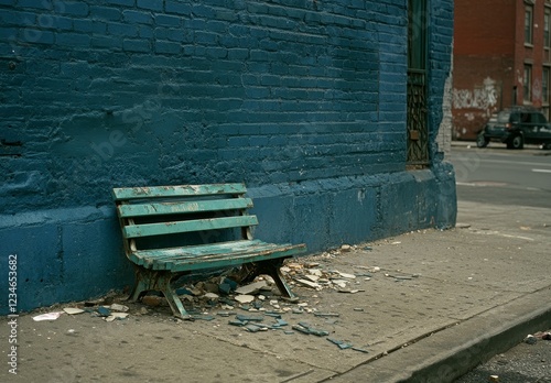 Green bench ruined by hooligans, once a peaceful spot for rest, now marred by vandalism, expressing anger and stupidity, property damage incurred photo