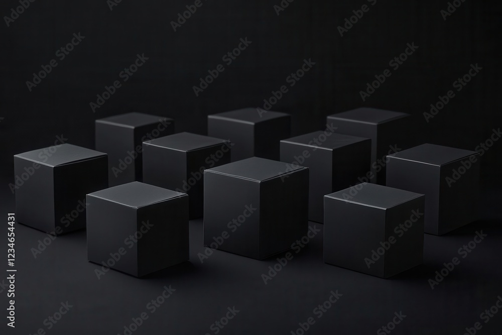 minimalist composition of matte black gift boxes arranged geometrically on deep black background with subtle lighting minimalist composition of matte black gift boxes arranged geometrically on deep black background with subtle lighting