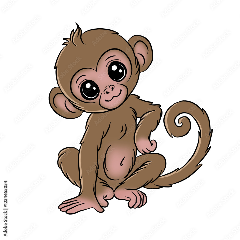 Obraz premium Vector illustration of a cute sitting monkey. Monkey cartoon icon isolated in white background
