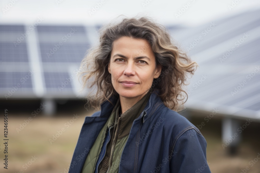 Portrait of a middle aged woman engineer standing in front of solar panels Portrait of a middle aged woman engineer standing in front of solar panels