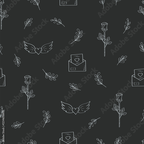 Seamless pattern of love symbols. Background concept of valentine's day or wedding. A rose flower and a confession envelope.