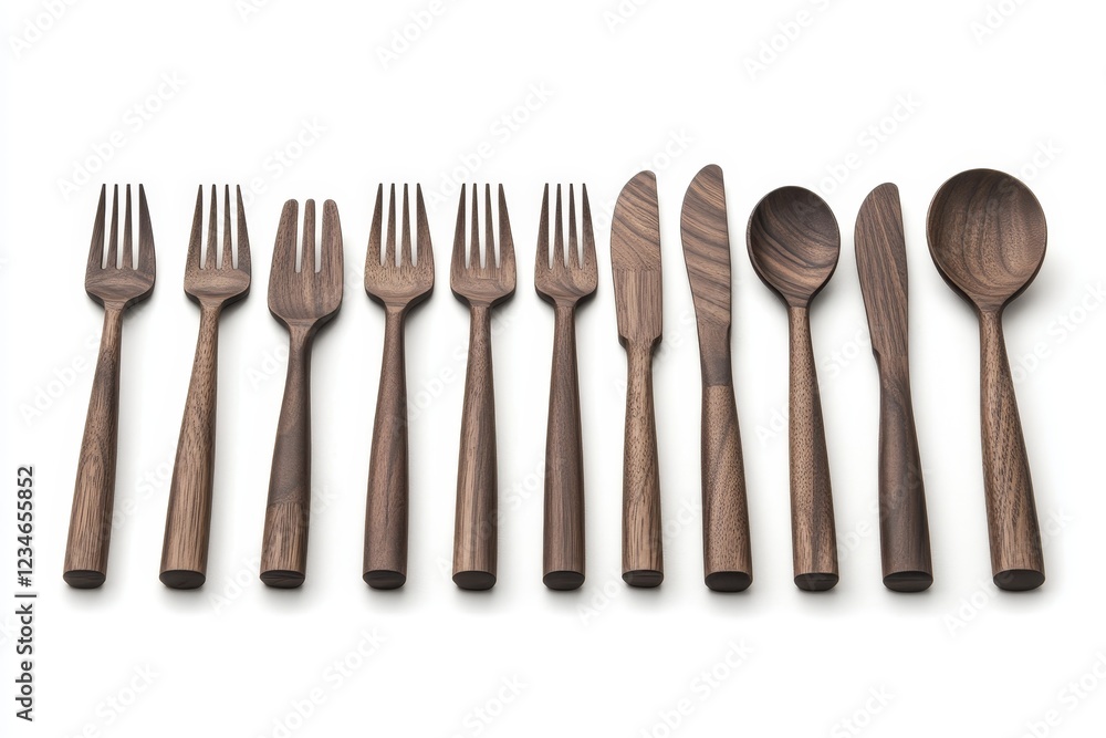 A set of wooden utensils, consisting of a fork, spoon, and knife, made from repurposed brown wood, placed on a white background A set of wooden utensils, consisting of a fork, spoon, and knife, made from repurposed brown wood, placed on a white background