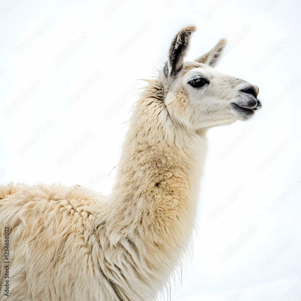 Obraz premium White llama portrait against a bright winter sky background fur snow cute farm wool calm soft camel