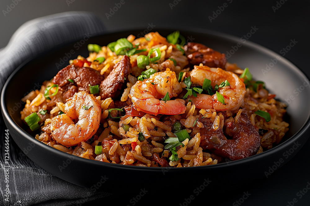 Shrimp and sausage stir-fry with rice garnished with green onions served in a black bowl Shrimp and sausage stir-fry with rice garnished with green onions served in a black bowl
