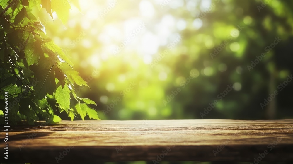 A solitary wooden table, devoid of items, sits in the midst of a verdant background A solitary wooden table, devoid of items, sits in the midst of a verdant background