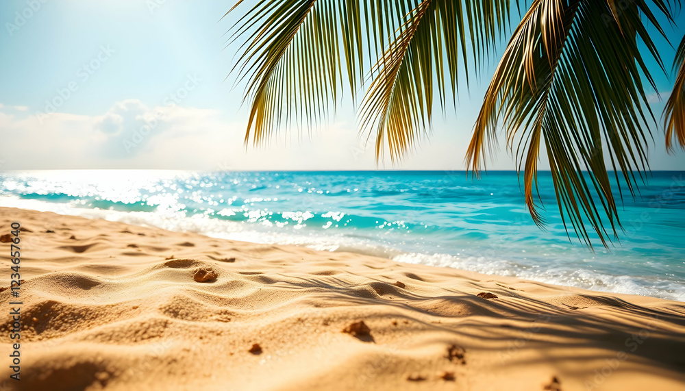 Obraz premium Tropical paradise, pristine sandy beach, crystal clear turquoise water, palm fronds framing view, idyllic Caribbean coastline, fluffy white clouds, tranquil ocean scene, golden sunlight, palm tree sha