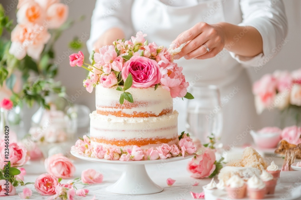 A pastry chef delicately decorating a multi-layered cake with intricate frosting patterns and edible flowers A pastry chef delicately decorating a multi-layered cake with intricate frosting patterns and edible flowers